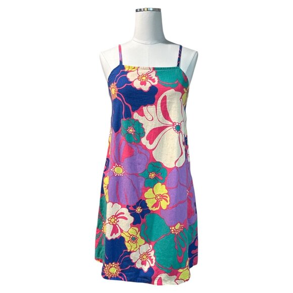Girls Linen Summer Dress Size XXL Floral Vibrant Cutout Back Bow Vacation Ready - Picture 1 of 12